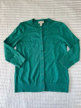 LOFT Green Button-Down Crewneck Cardigan